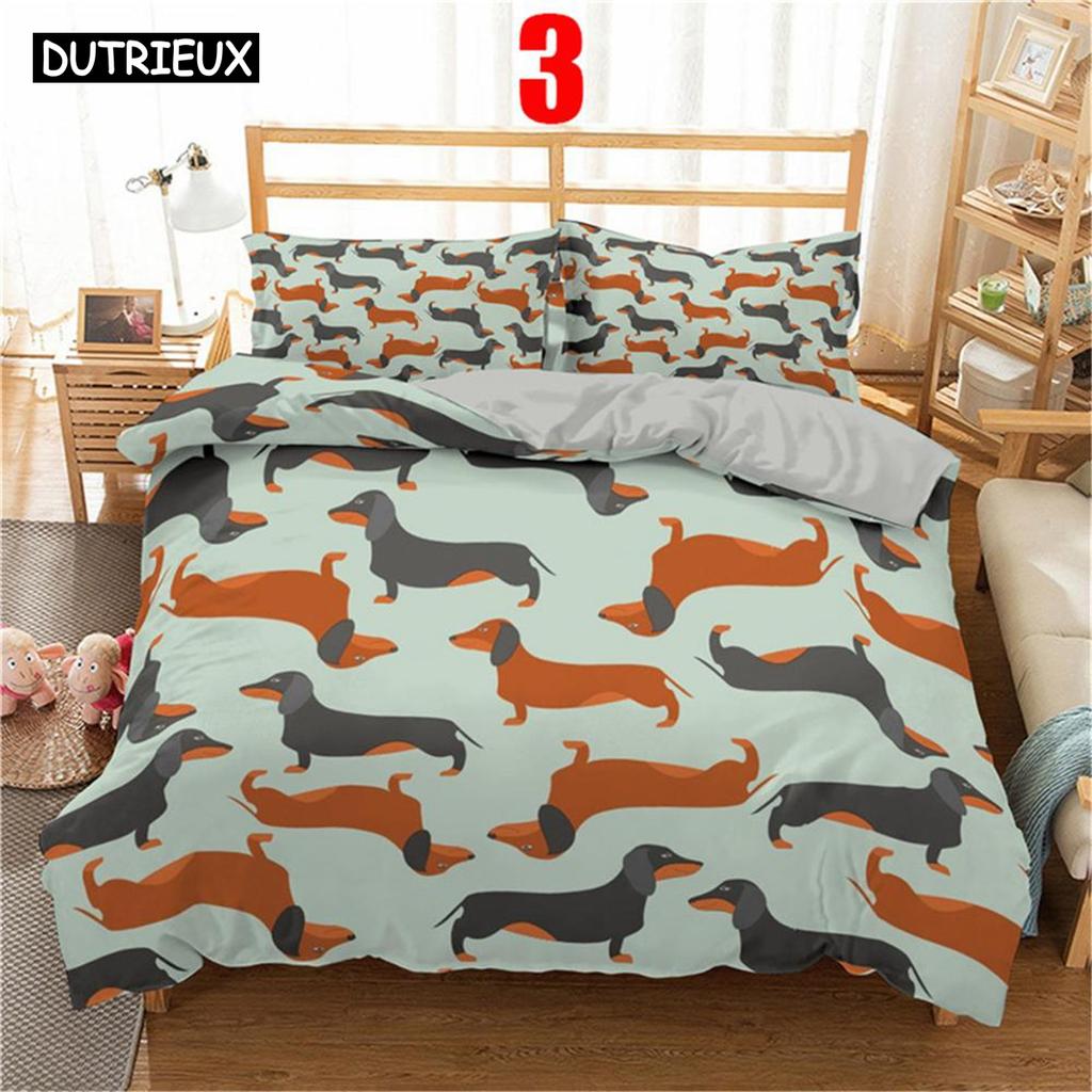 Cute Cartoon Bedding Set 2/3pc 3d Dachshund Animal Duvet Cover Set With Pillowcase Bedclothes Luxury Home Decor For Kids Gift