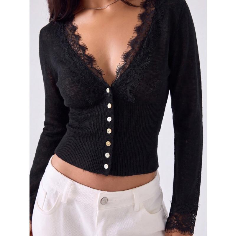 Womens Lace Trim Solid V Neck Long Sleeve Slim Fit Knit Cardigan Top