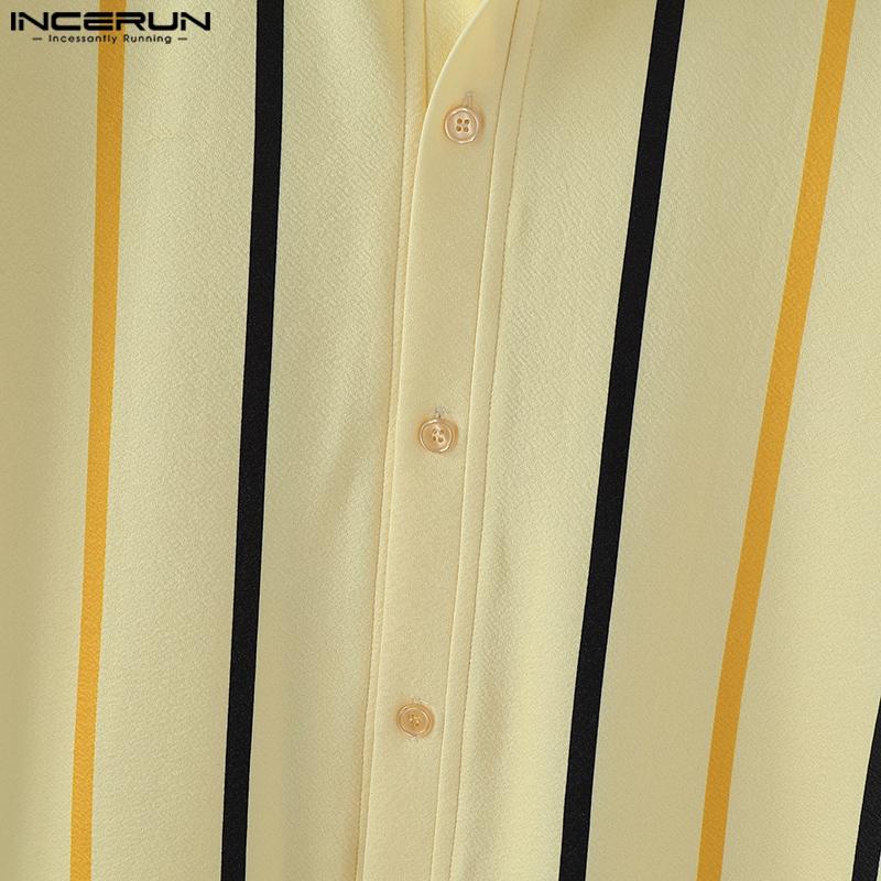 INCERUN Oversized Men Short Sleeve Striped Print Buttons Casual Loose Shirts Tops