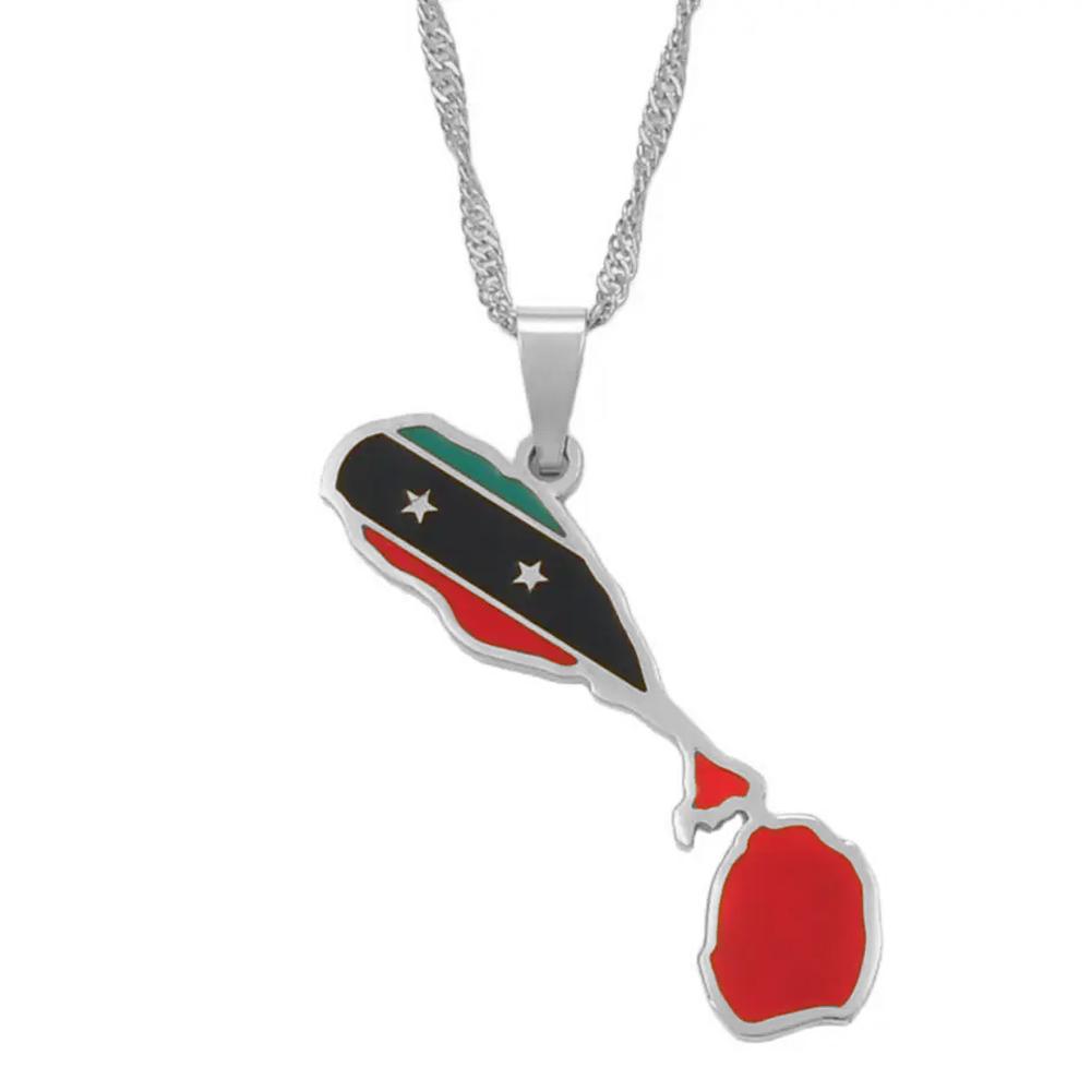 Anniyo The Federation of Saint Kitts and Nevis Map Flag Pendant Chain Necklaces St. Kitts & Nevis Maps Jewelry #103821 45cm OR 17.7 Inches