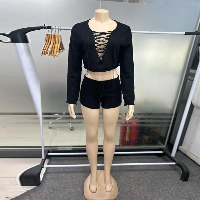Casual Knit Shorts Suits Women O Neck Long Sleeves Bandage Tops Sets Female Spring Summer Lady Beach Sets 2 Pieces