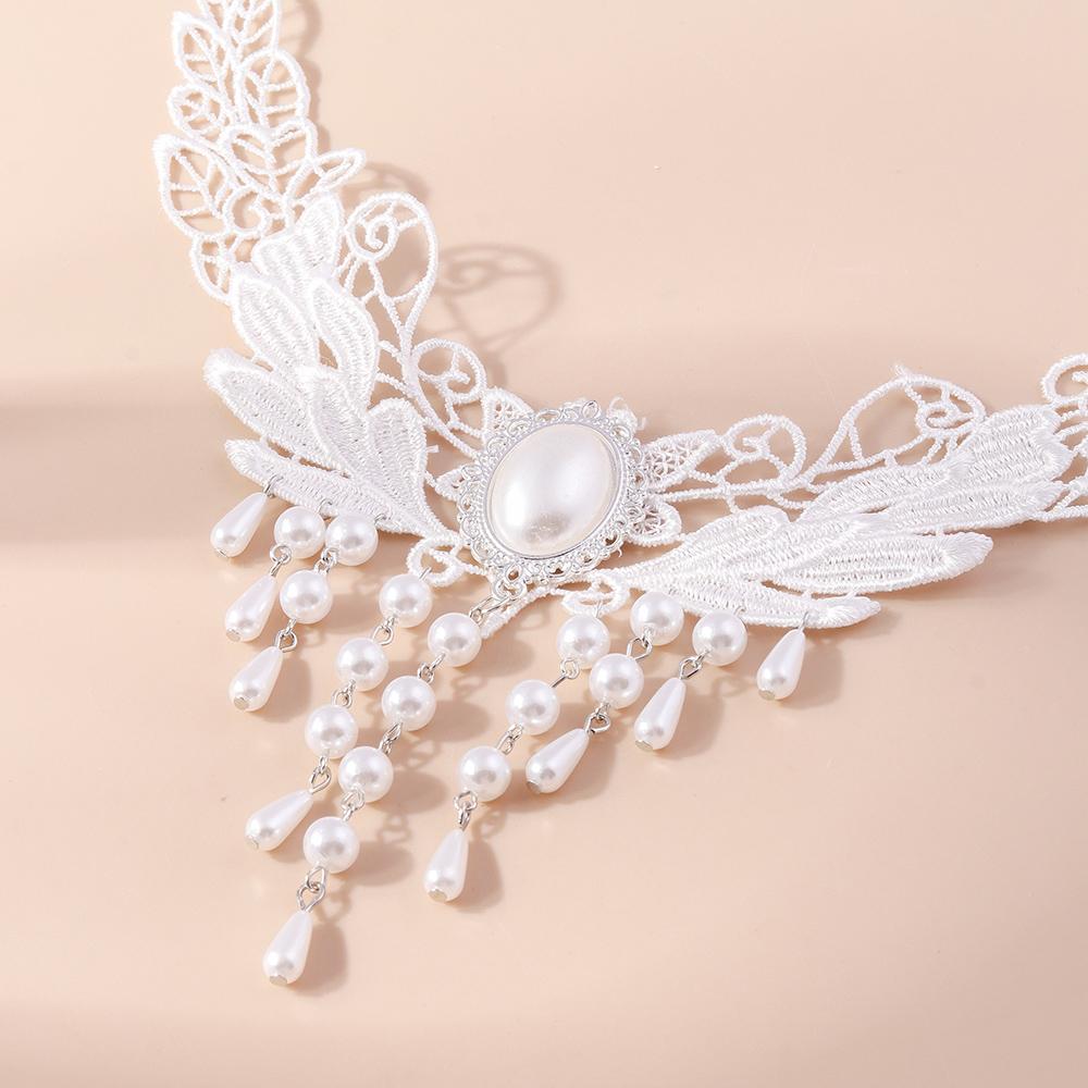 Fashion White Lace Embroidery Necklace Pearl Tassel Choker Neaklaces for Women Party Wedding Jewelry Gifts
