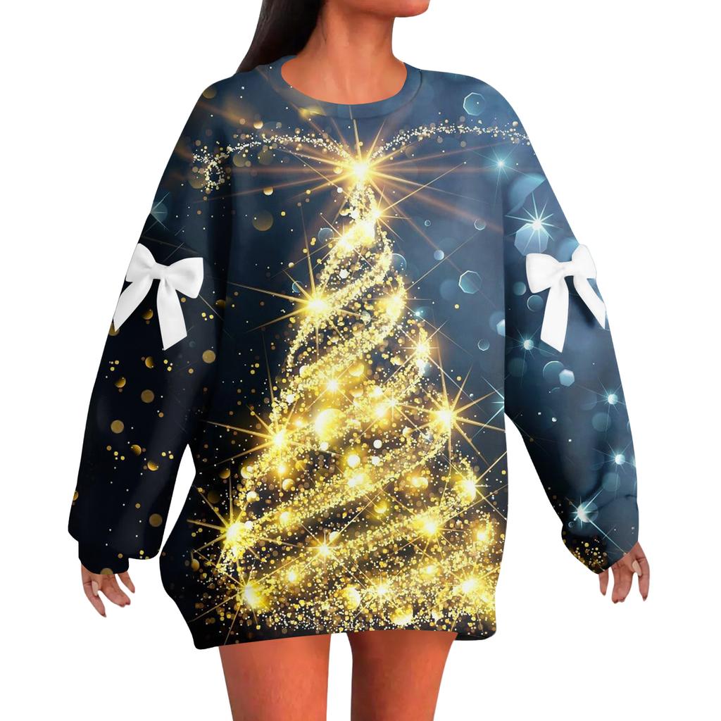 Ladies' Christmas Printed Bow Round Neck Long Sleeved Loose Pullover Sweater Sweatshirt Top