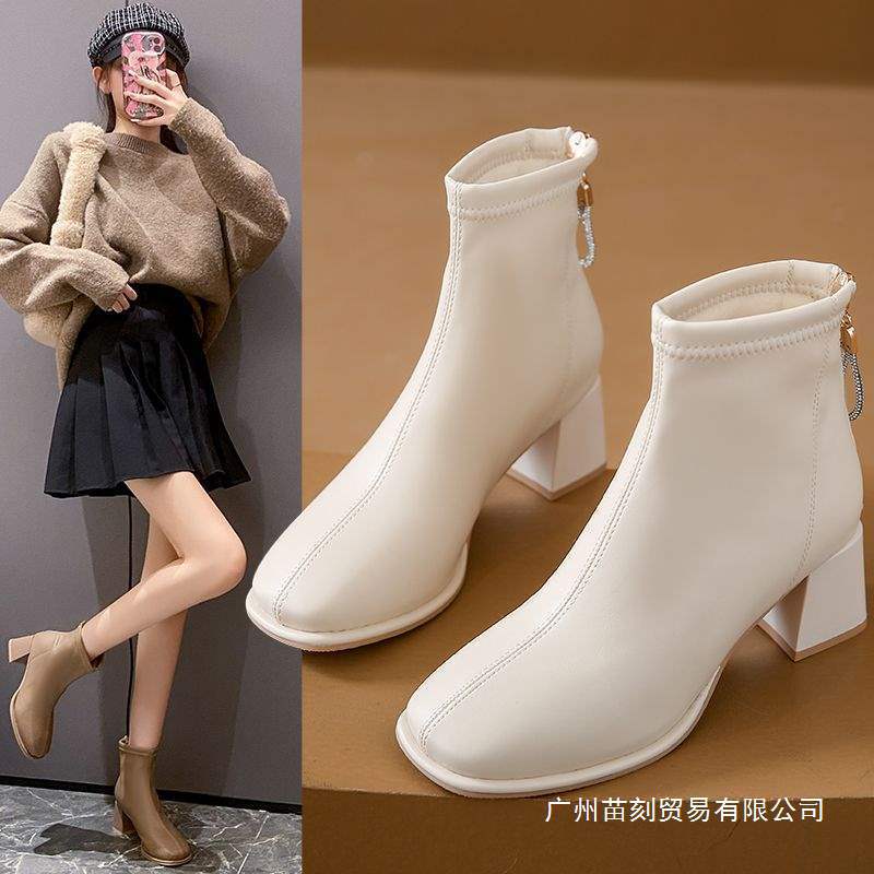 Hohe kleine Stiefeletten Damen Herbst Vierjahreszeiten Einzelstiefel Samt Dünne Stiefel Weiß Dicke Absätze Koreanische Kleine Knöchelhohe Stiefel