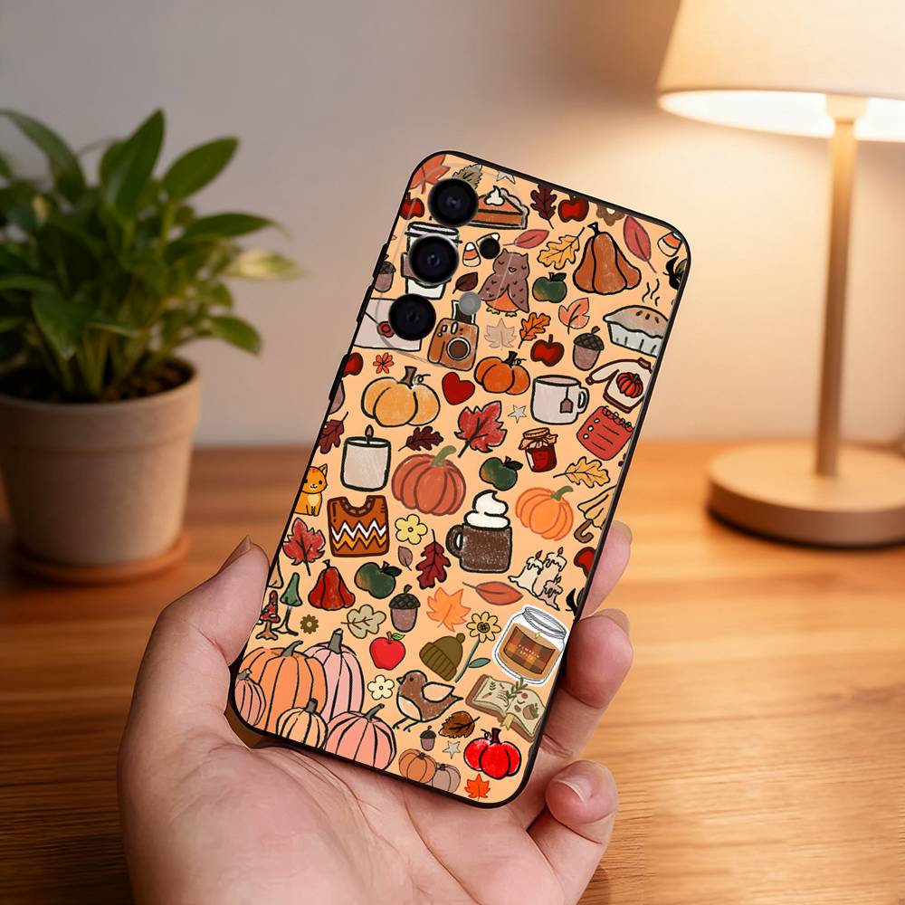 Herbstlaub Kürbis Handyhülle Für Samsung S25,S24,S21,S22,S23,S30,Ultra,S20,Plus,Fe,Lite,5G Schwarze Hülle