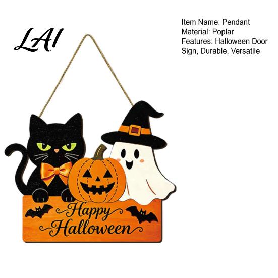 Solid Wood Festive Hanging Sign Halloween Door with Hemp Rope Lanyard Pumpkin Ghost Printed Indoor Outdoor Holiday Decoration Plaque Wooden