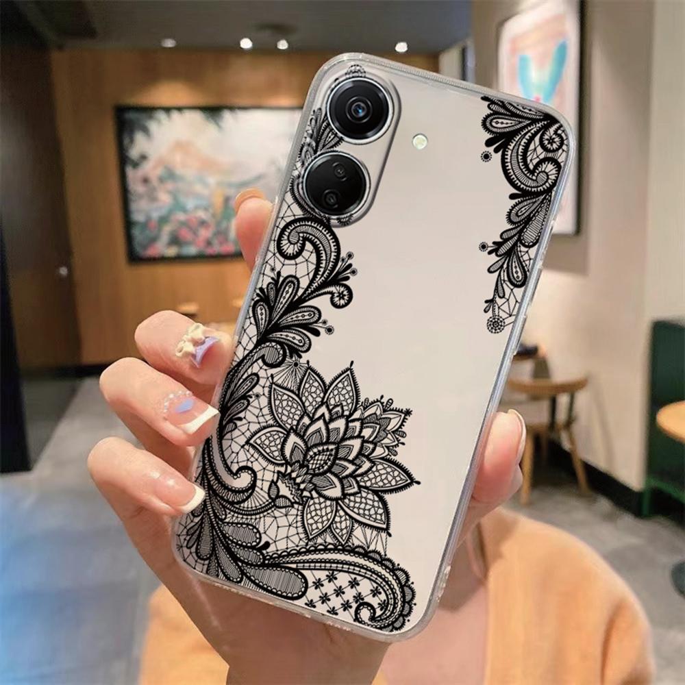 Romantic White Lace Phone Case For Xiaomi Redmi 13C 13 Note 13 12 11 10 8 Pro 10 9C 9A 10C 12C Flower Clear Transparent Cover