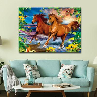 Bordado de diamante Praia Dois Cavalos Pintura de diamante Ponto cruz Completo Redondo Strass Decoração para casa