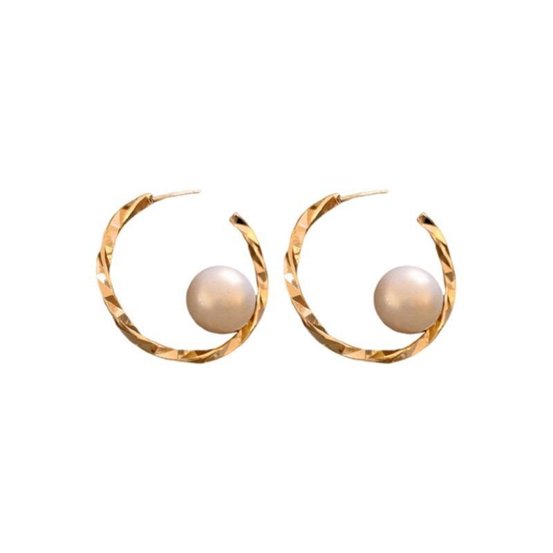 Korean Simple Big Pearl Ball Metal Hoop Earrings For Women Temperament C Shape Earrings Exaggerated Party Jewelry Gift