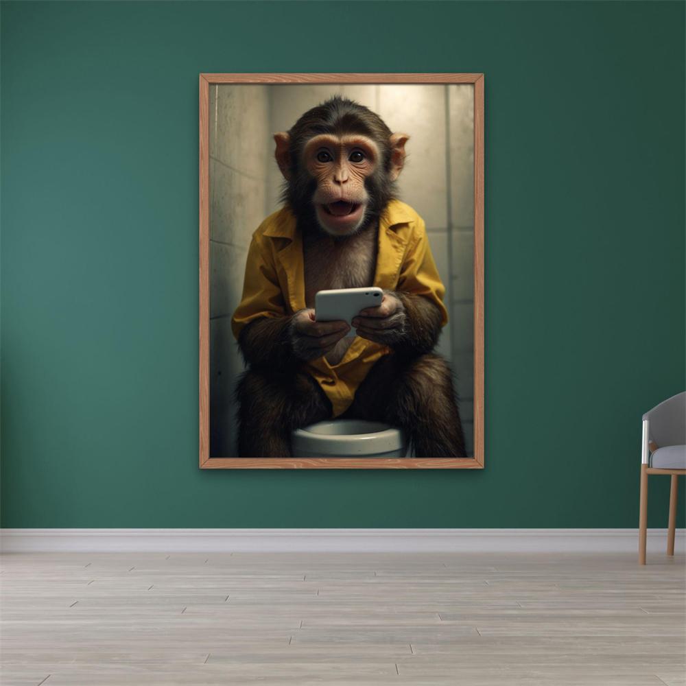 Funny Monkey On Toilet Wall Art Poster Surprised Chimp with Phone Print Canvas Painting Jungle Bathroom Decor Toilet Wall Decor