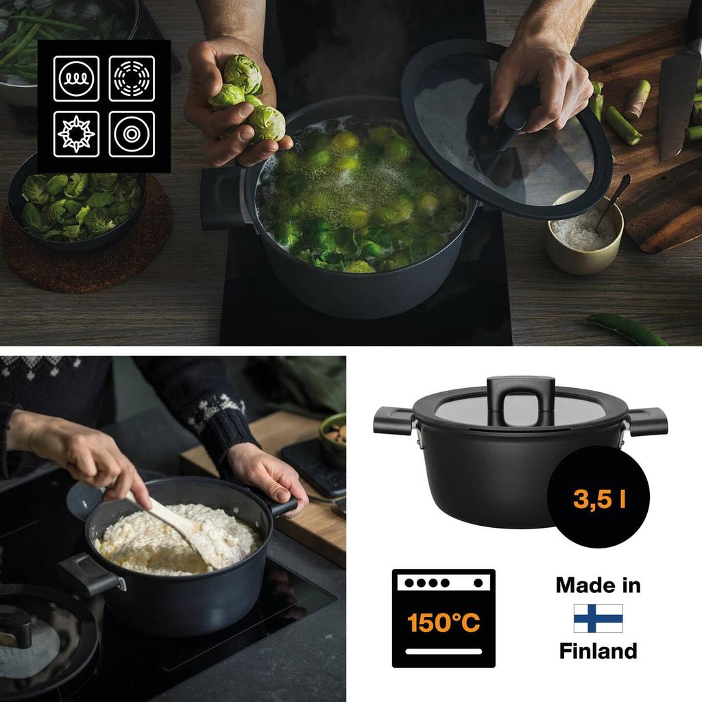 [Officially Imported] Fiskars 22cm Casserole (with Lid), Induction/Gas Compatible, Non-Stick, "Hard Face" 1052227