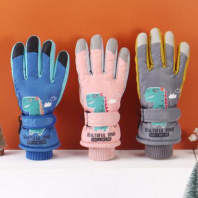 Kinder Winter Skihandschuhe für Wärme Verdickter Samt Kleine Dinosaurier Handschuhe Outdoor-Sportarten Cartoon Finger Wasserdichte Handschuhe