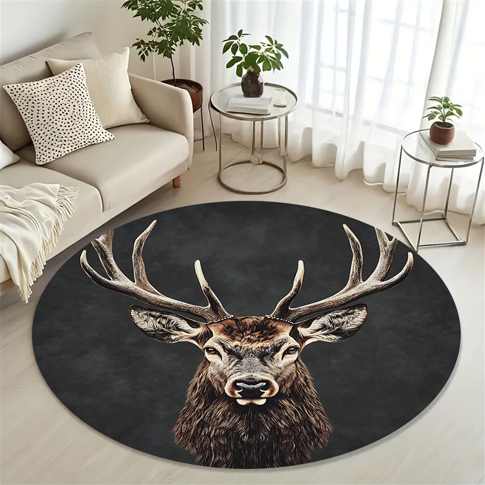 Flannel Printed Round Rug With Deer Head Design For Home Decor Soft Floor Mat Wildlife Art Theme Modern Interior