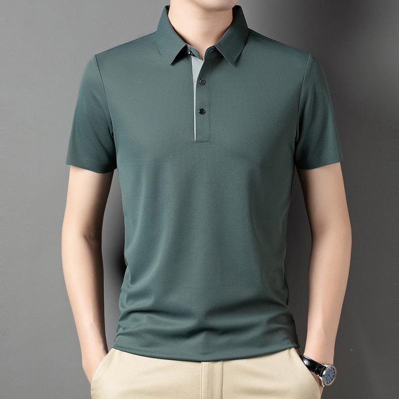 Men's Ice Silk Short Sleeved Lapel T-shirt Loose Business Casual Polo Shirt Summer Sweatshirt Top T-shirt Solid Color