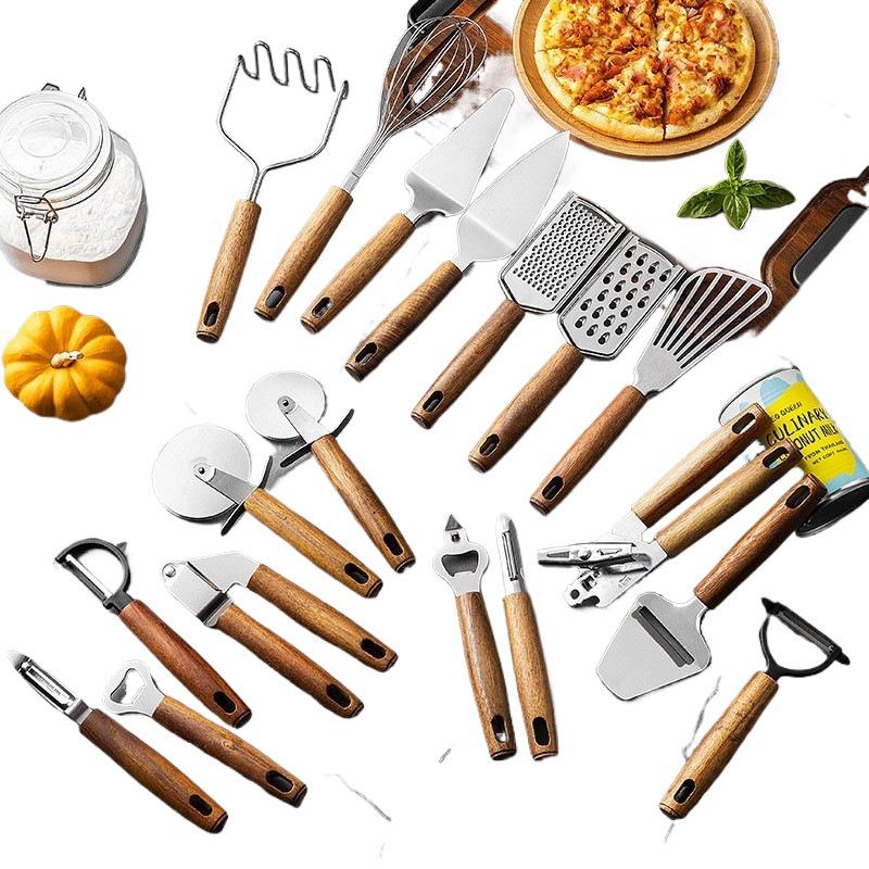 Acacia Wood Kitchen Gadget Set: Peeler, Can Opener, Egg Beater, Pizza Cutter, Cheese Shovel