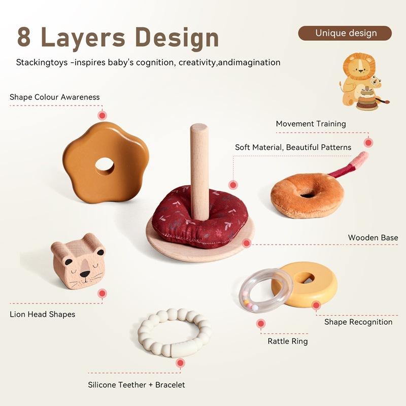 Baby Early Education Lion Stacking Toy Wooden Montessori Shape Sorter Stacking Blocks for Toddlers Brain Development