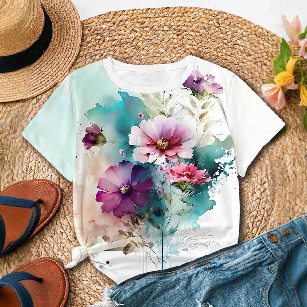 Summer Round Neck 3D Watercolor Print Top Fashionable Casual Short Sleeved Women's T-shirts
