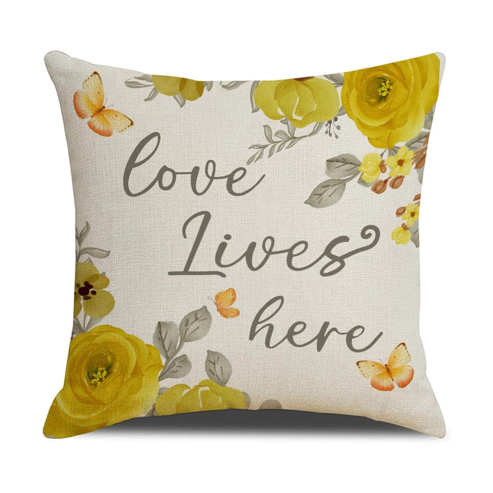 New Spring and Summer Gray Flowers Letter Linen Pillowcase Modern Sofa Cushion Bedroom Pillow