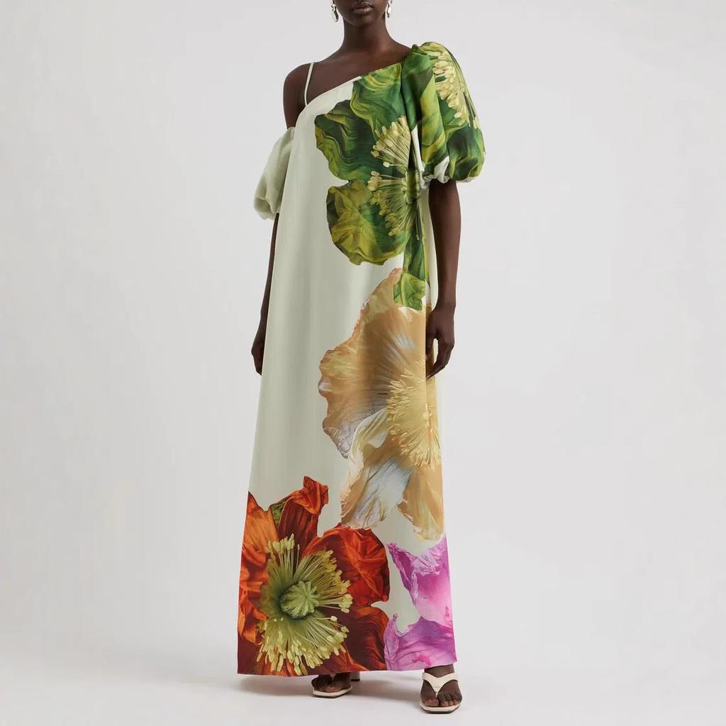 European and American spring and summer new slanted shoulder positioning printed dress INS casual vacation loose dress