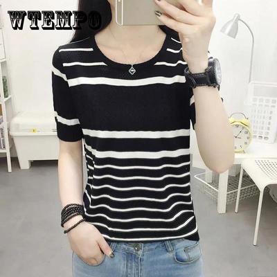 Ice Silk Sweater Girls Thin Short-sleeved Hollow Top Summer Loose Striped T-shirt Fashion and Elegant
