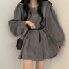Corduroy Sashes Dresses Women Korean Preppy Puff Sleeves Casual A Line Mini Dress Harajuku Elegant All Match Solid Dress