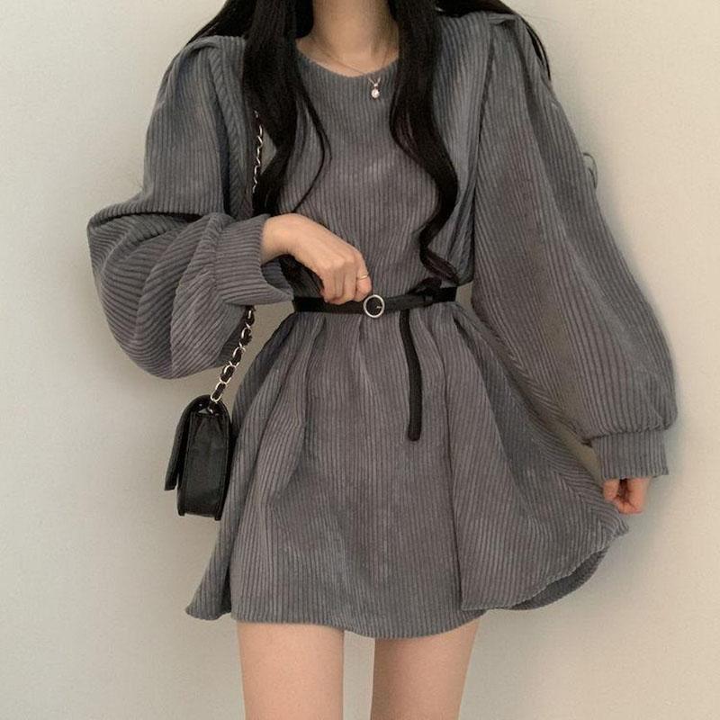 Corduroy Sashes Dresses Women Korean Preppy Puff Sleeves Casual A Line Mini Dress Harajuku Elegant All Match Solid Dress