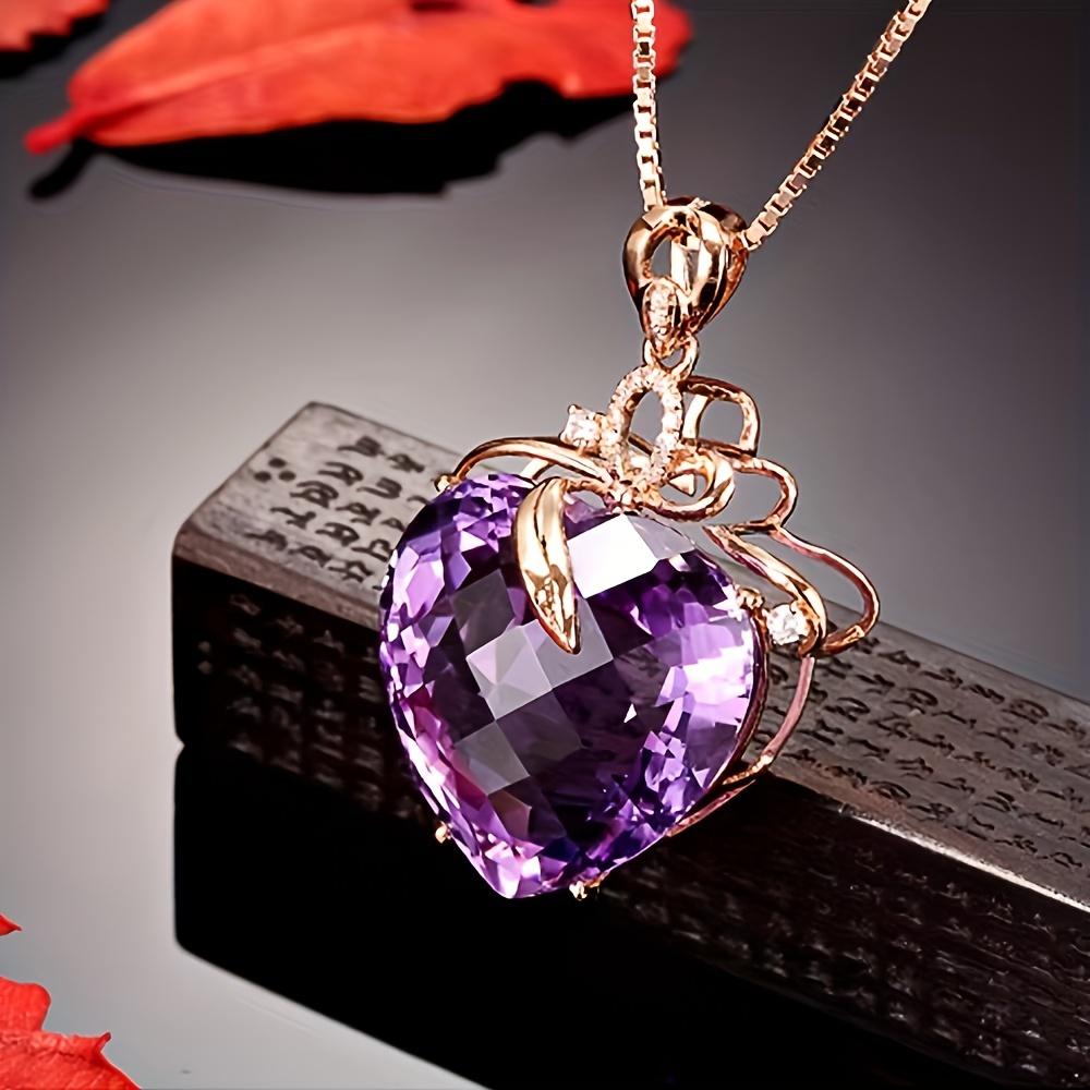 Elegant Heart-Shaped Amethyst Pendant Necklace with Golden-Tone Clasp – Sparkling Purple Gemstone Jewelry for Women, Perfect for Casual or Formal Occa