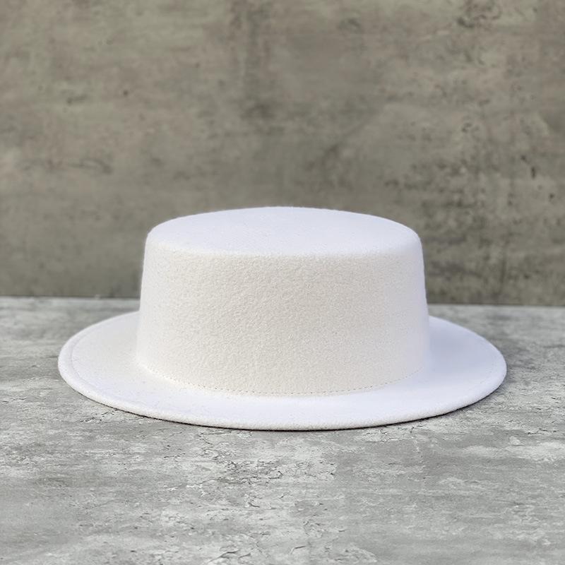 Autumn And Winter New White Light Board Wool Top Hat Women'S Versatile Flat Top Width Along The British Fashion Simple French Felt Hat