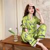 Ice Silk Pajamas Women's Pajamas Short Sleeve Long-cut Pants Thin Set Green Herringbone Zebra Relaxed Pajamas Set