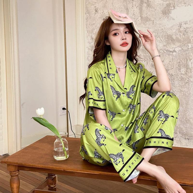 Ice Silk Pajamas Women's Pajamas Short Sleeve Long-cut Pants Thin Set Green Herringbone Zebra Relaxed Pajamas Set