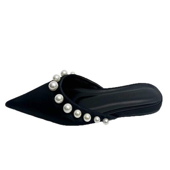 Flat bottom pointed sandals women wear summer 2025 new gentle French fairy white pearl bag head half slippers