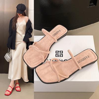 Thick Heel One-word Drag Women's Summer Outer Wear 2025 New French Square Head Simple Low-heeled Slippers Show Small Cool Slippers