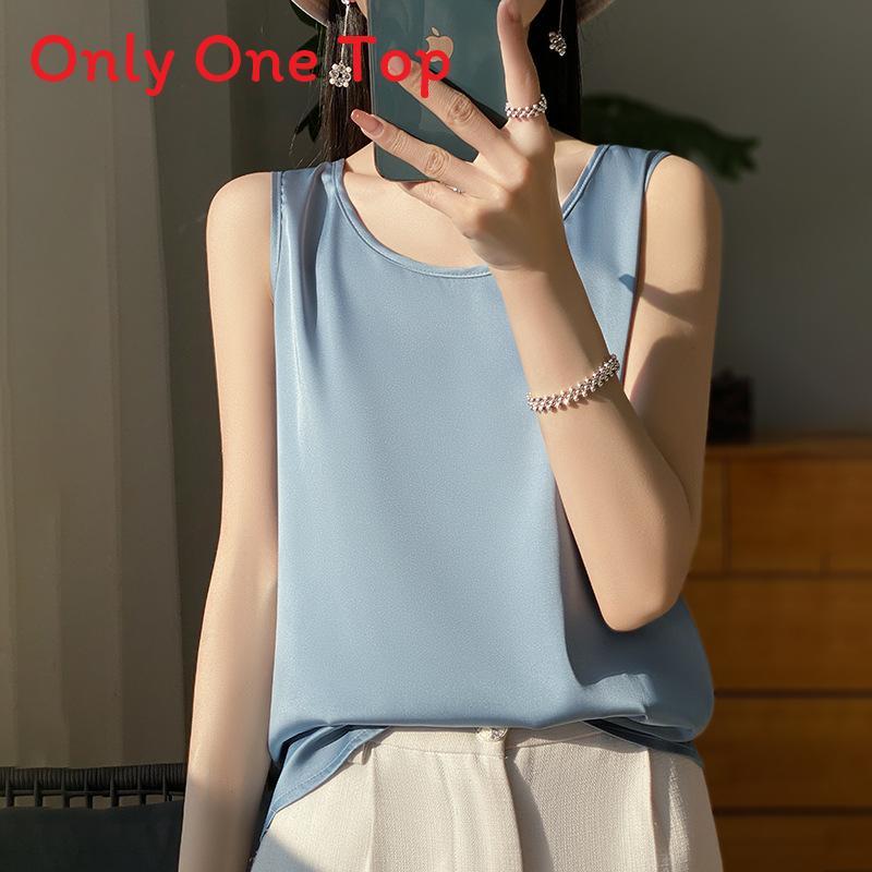 Silk Satin Summer Womens Sleeveless T Shirt With Round Neck For Office Wear