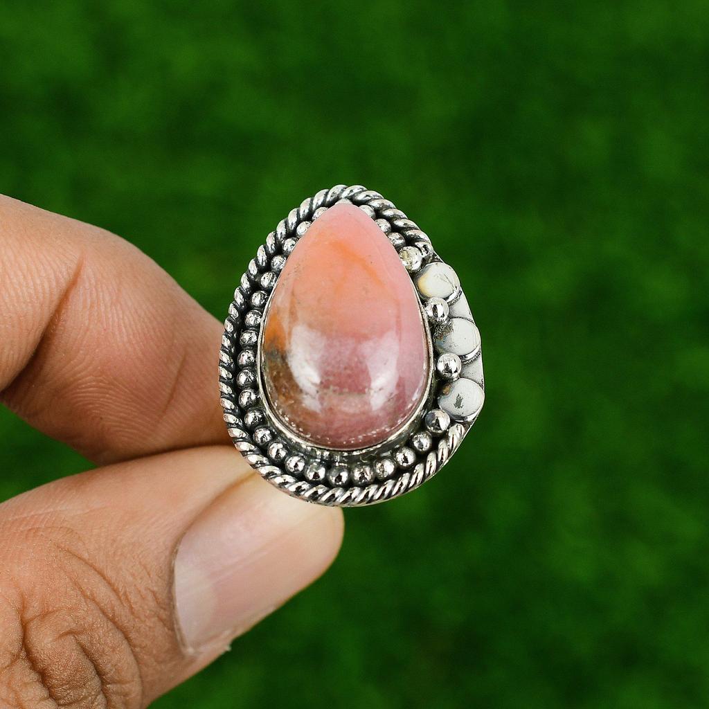 Pear Natural Rhodochrosite 925 Sterling Silver Mother Multi Stone Ring Jewelry