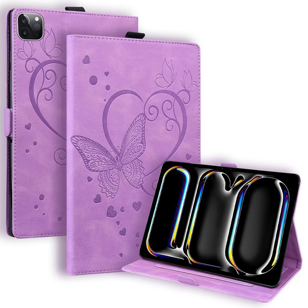 For iPad Pro 11 (2024) Case with Card Slots Butterfly Imprinted Leather Tablet Cover