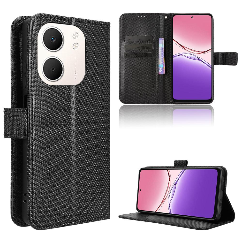 

Кожаный чехол-кошелек для Oppo A5x 5G/Oppo A5x 4G с ремешком, чехол для телефона с ромбовидной текстурой Black