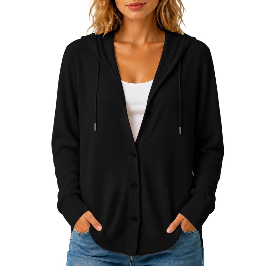 Women's Casual Color Hooded Long Sleeve Button Front Loose Fit Jacket for Daily Wear