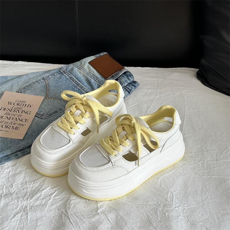 

Кожаные спортивные сандалии женские летние новые туфли с полыми отверстиями на толстой подошве, сетчатые дышащие белые туфли, женская обувь 40 жёлтый