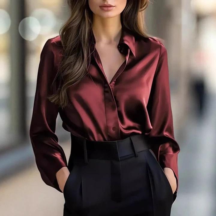 European and American temperament commuter long-sleeved shirt women's autumn POLO collar polyester cardigan