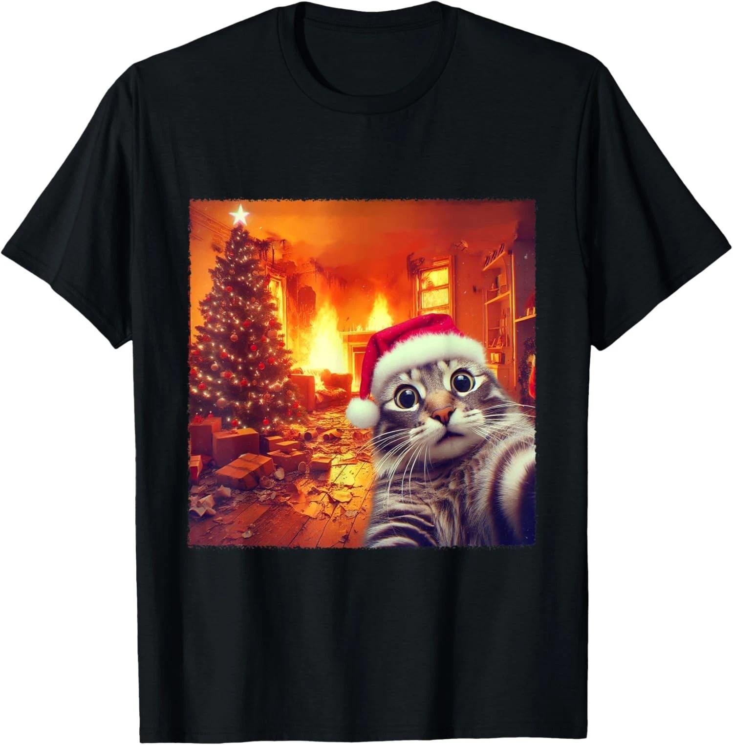 Christmas Cat Funny Santa Cat Selfie with Holiday Unisex T-Shirt XXXXL