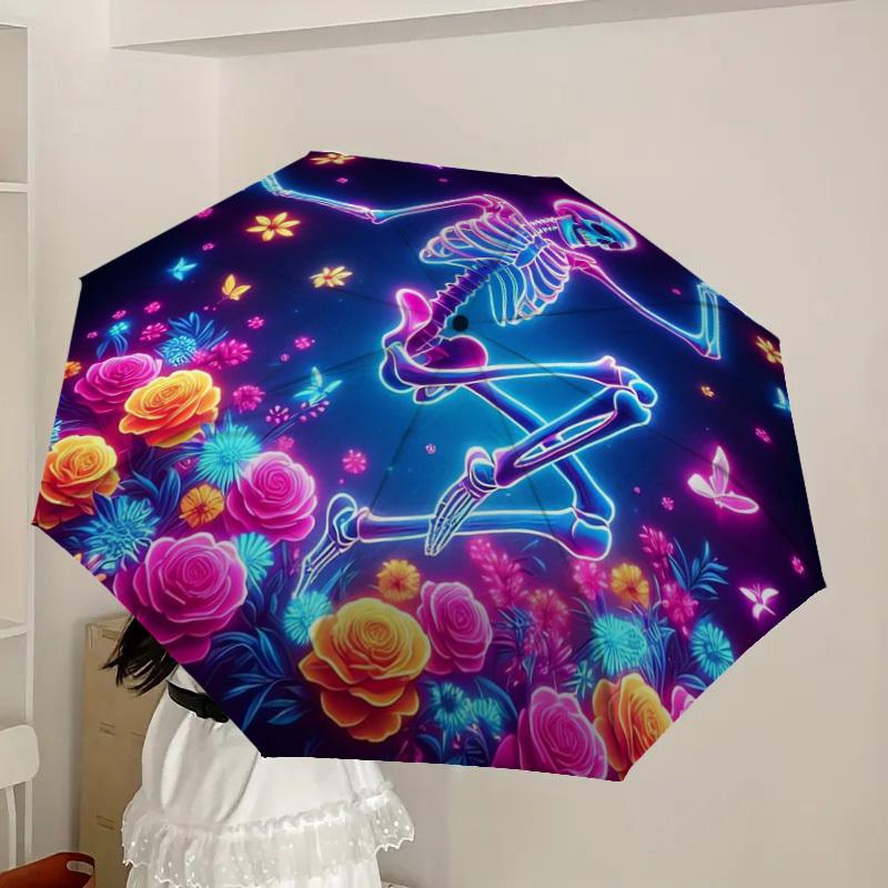 1 Stück Neon Skelett Tanz Blumen Schmetterlinge Regenschirm mit Kunststoffgriff, Geeignet für Alle Jahreszeiten Zuhause Reise Outdoor RegenschirmDD1763