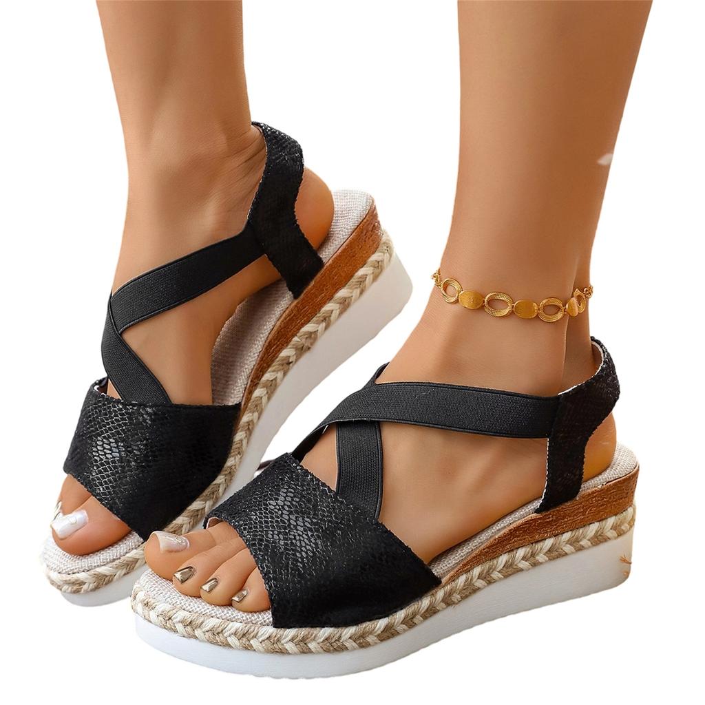 Women's Plus Size Cross Strap Peep Toe Wedge Casual Sandals with Elastic Back Strap Comfortable Platform Shoes for Summer