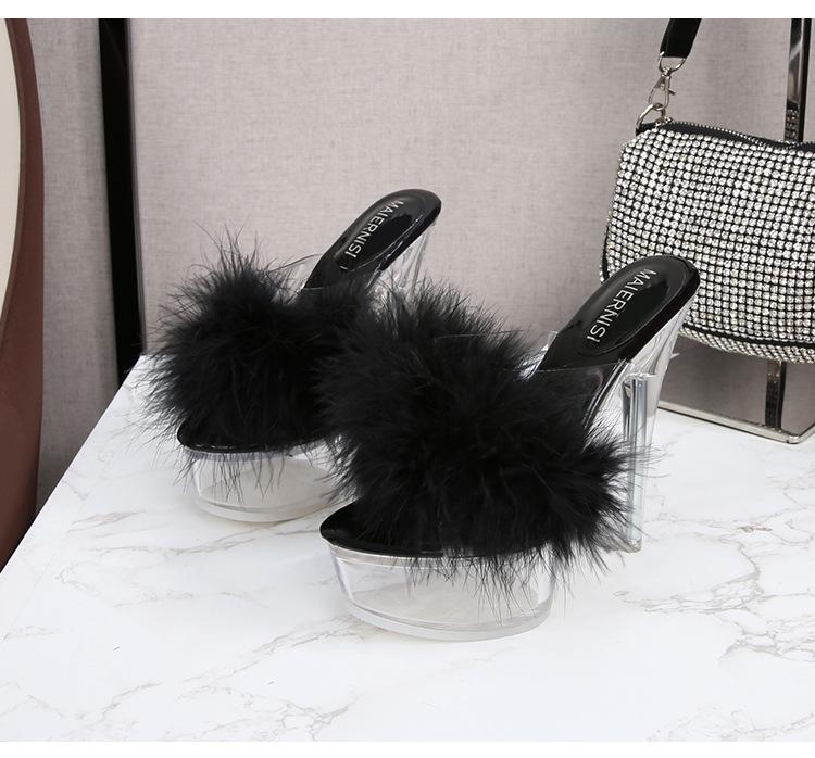 

Fashion 2025 Women S Slippers Fluffy Sexy Heels Slim Heels Waterproof Table Slippers Clear Crystal Sandals Wedding Shoes Dress Banquet 41 чорний