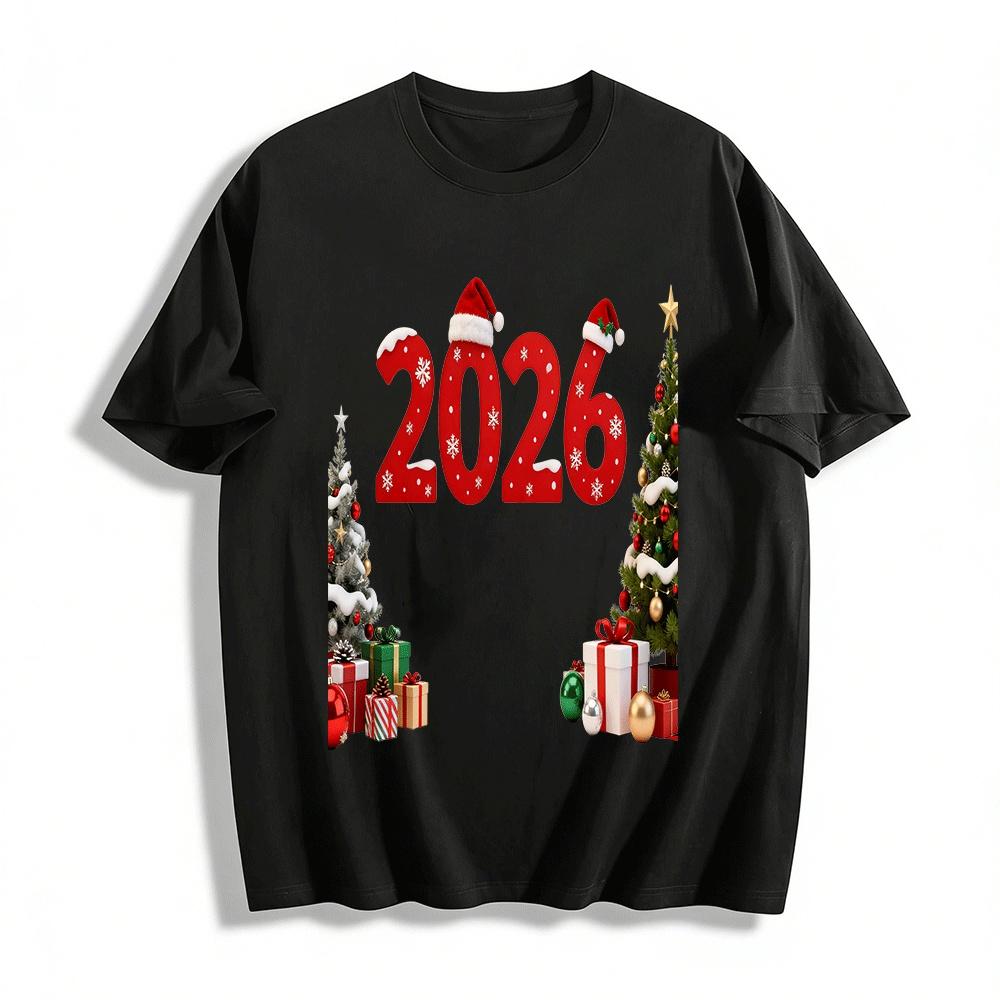 

2026 Christmas New Year Themed Printed Casual Top For Men Women Pure cotton T-shirt XXS