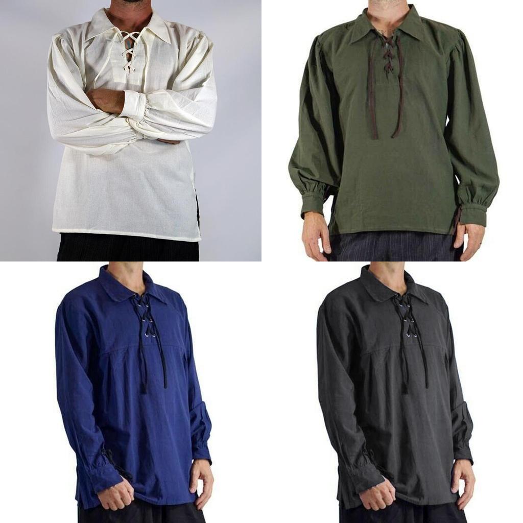 V-neck Lace Up Medieval Peasant Shirt In Cotton Blend For Ren Faire Cosplay