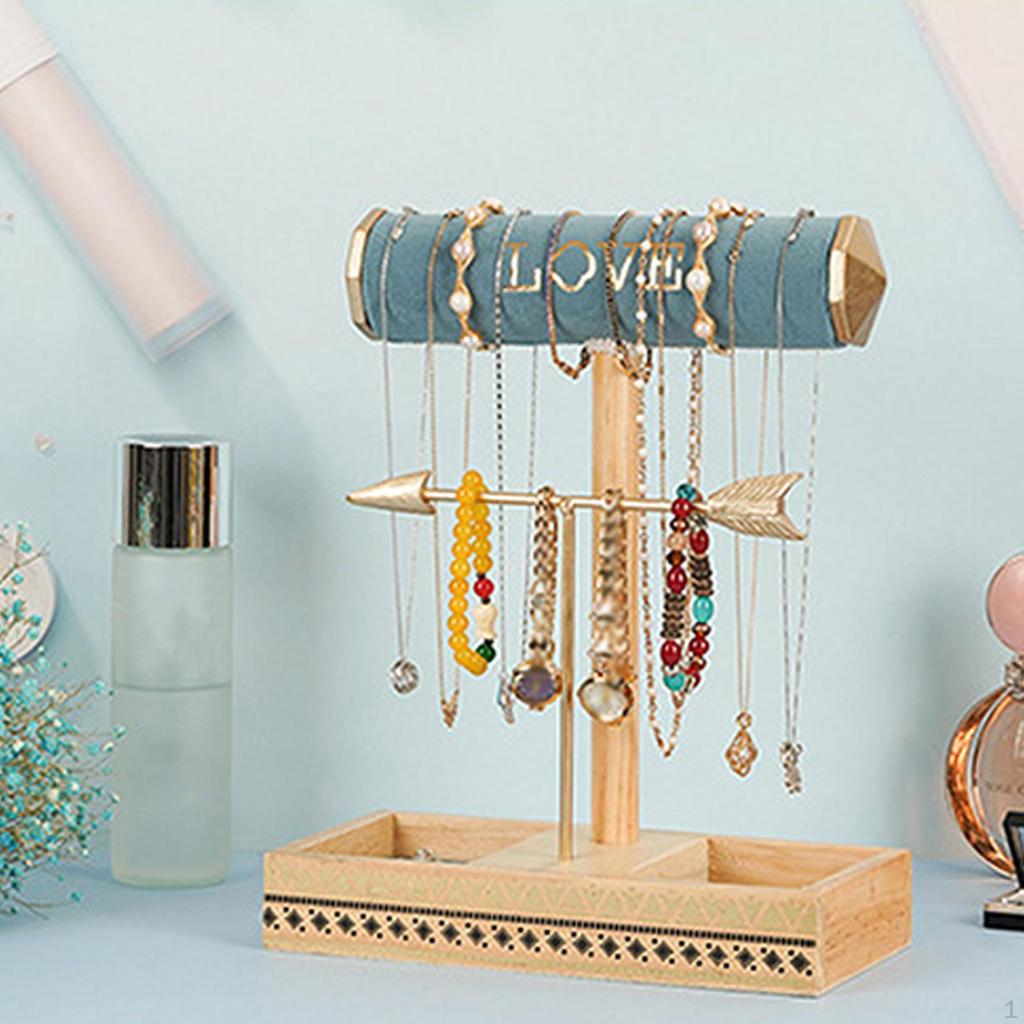 Jewelry Organizer Stand Necklace Earring Holder with Tray Multi Purpose Wood Base