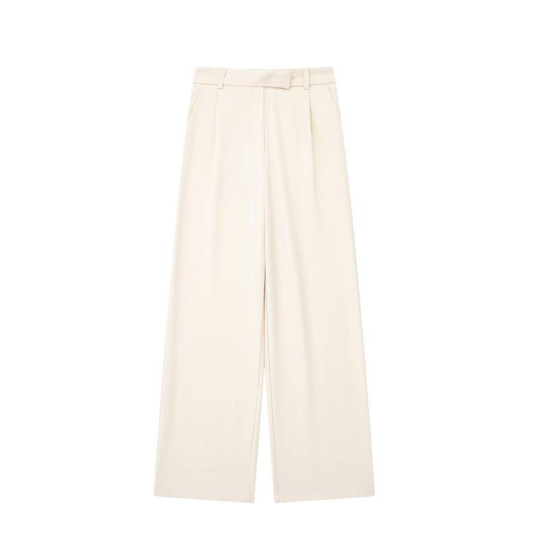 

Kaslead Casual Fashion Pleated High Waist Wide Leg Pants Rice White S