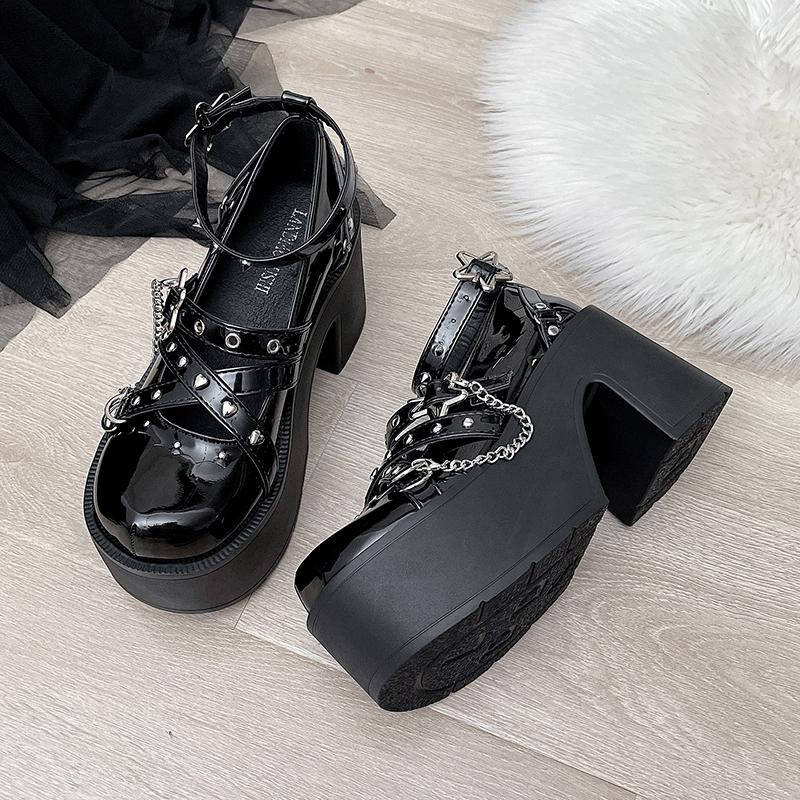 Fashion Super High Heel Single Shoes Women's Fashion Round Toe Shallow Rivet Metal Chain Platform Non-Slip Block Heel Shoes