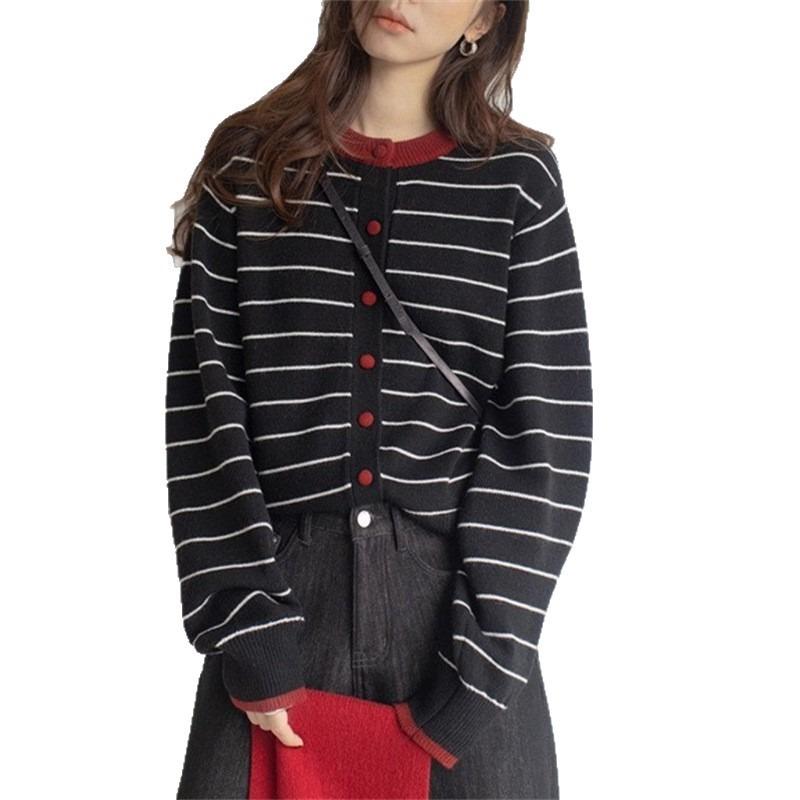 Autumn and winter new contrasting color striped knitted cardigan women's design sense versatile temperament niche sweater jacket top