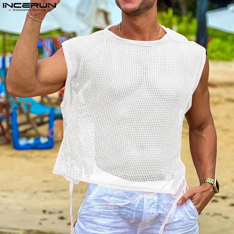 INCERUN Summer Men Sleeveless Mesh Sheer Hollow Out Side Lace-up Party High Low Tank Tops